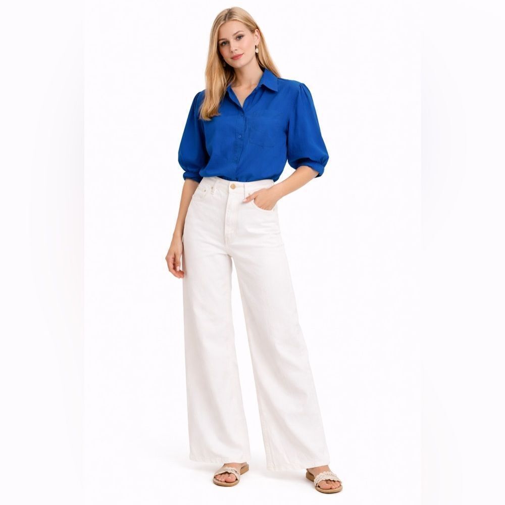 NWT Livro Cobalt Blue Puff Sleeve Button Down Blouse